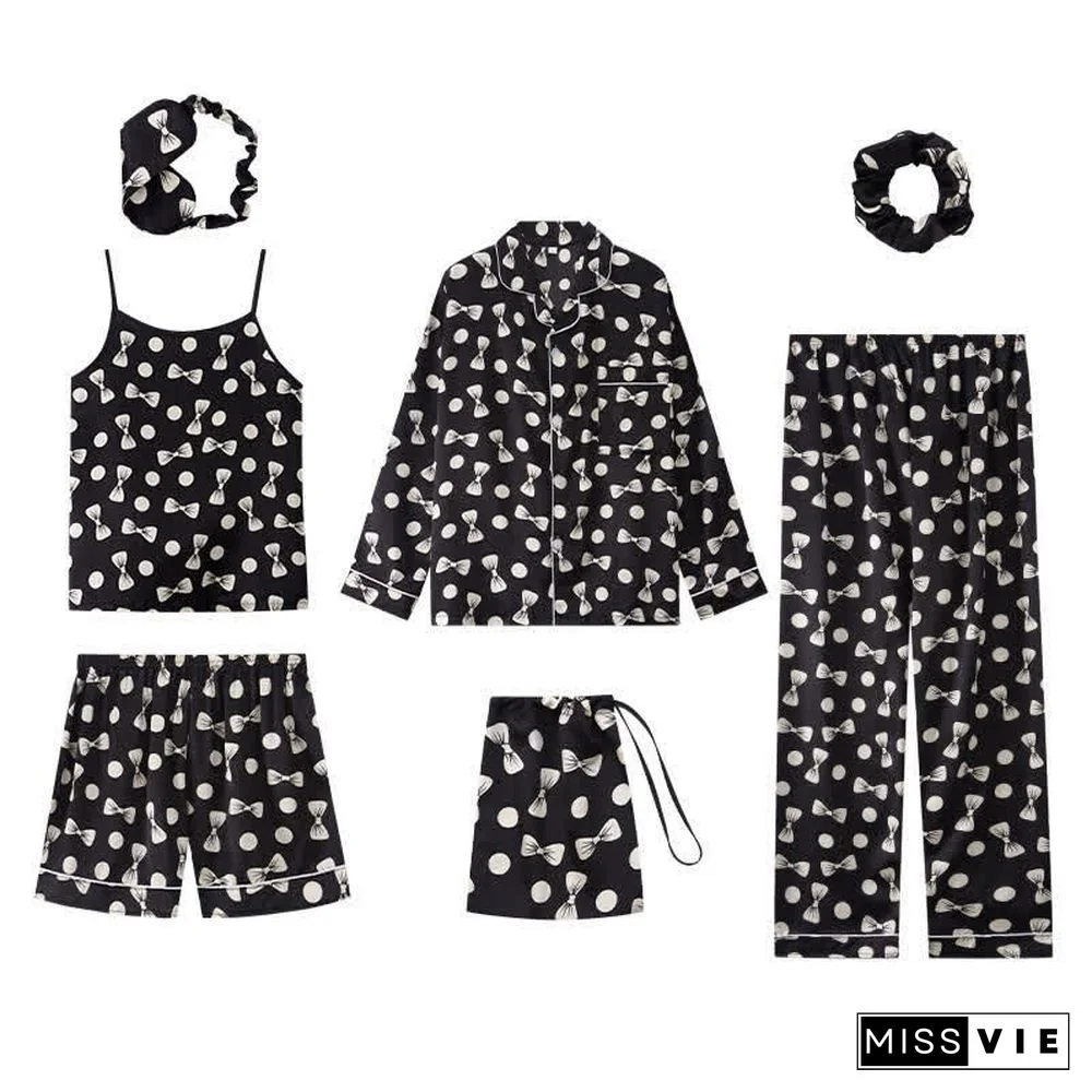 Love Heart Bow Knot Print Silk Pajamas Seven Pieces Set