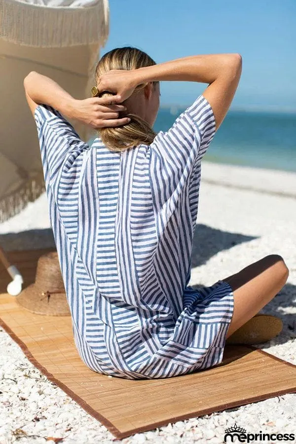 Organic Ocean Stripes Cotton Blend Dolman Sleeve Relaxed Mini Dress