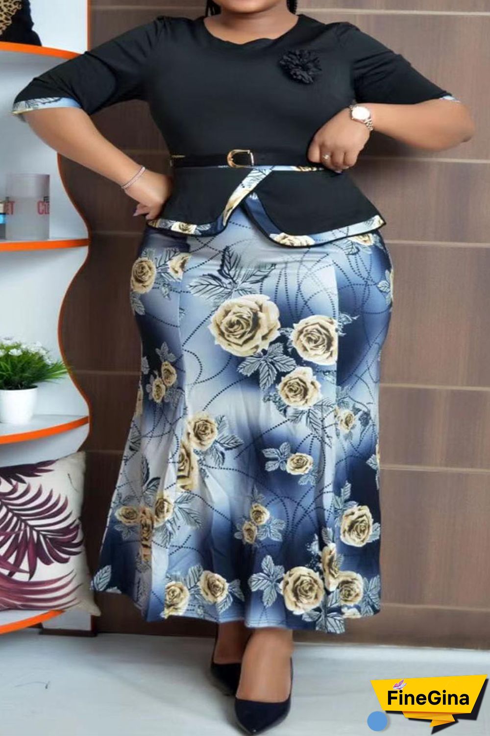 Blue Casual Work Elegant Floral Patchwork Slit Contrast O Neck Wrapped Skirt Plus Size Two Pieces(With Belt)