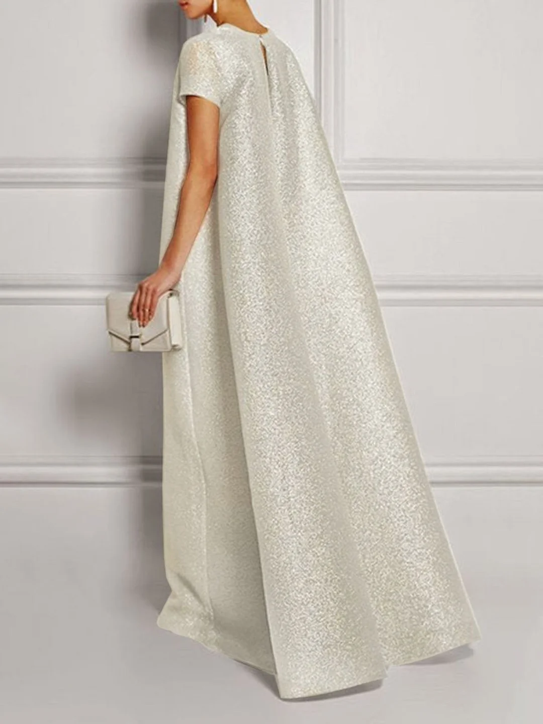 Solid Silver Shift Glitter-finished Elegant Prom Maxi Dress
