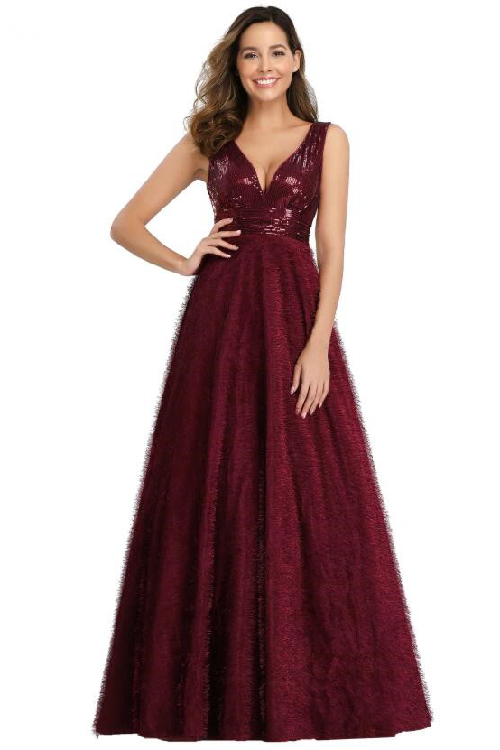Elegant Fluffy Sequins Long Evening Dress Burgundy V-Neck Prom Dress Online