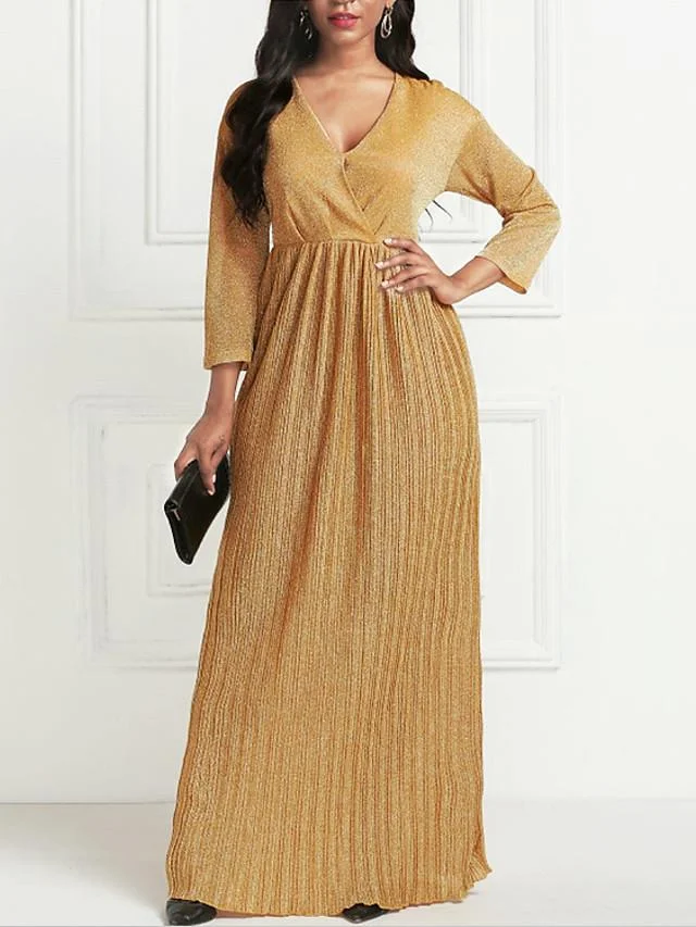 Women's Maxi Long Dress 3/4 Length Sleeve Pleated Summer Hot Formal Gold