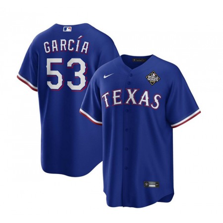 Men's Texas Rangers #53 Adolis Garcia Royal 2023 World Series Stitched Baseball  Jersey