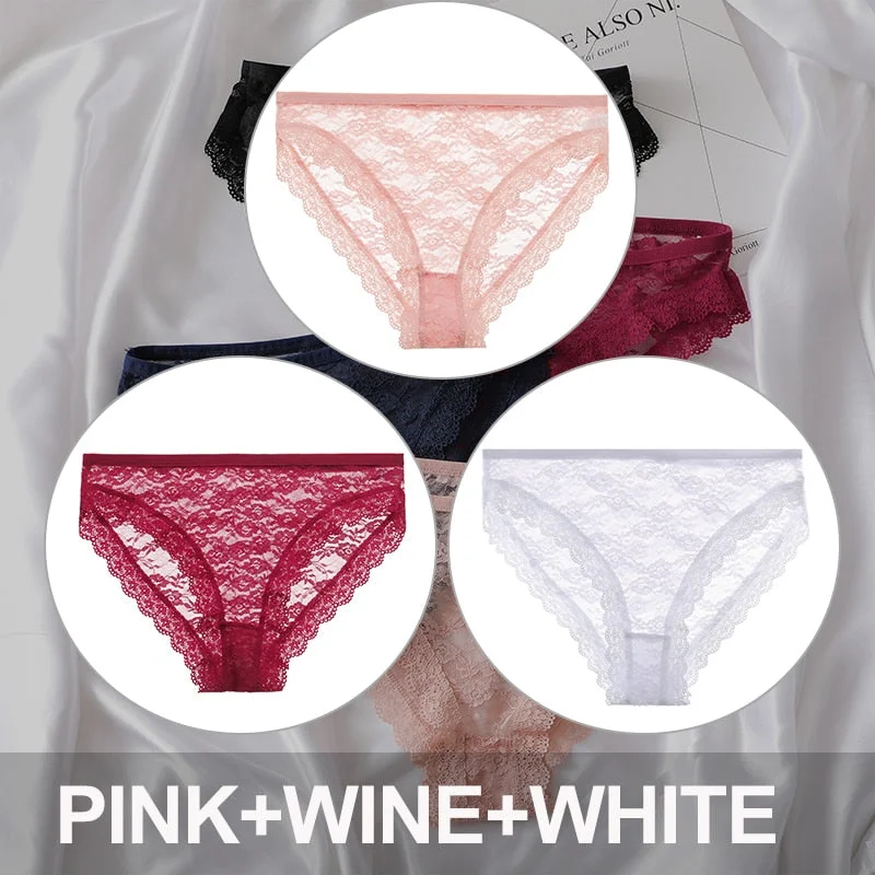 FINETOO 3PCS/Set Floral Lace Sexy Women Lingerie Panties M-2XL Plus Size Underpants Transparent Female Comfortable Briefs Girls