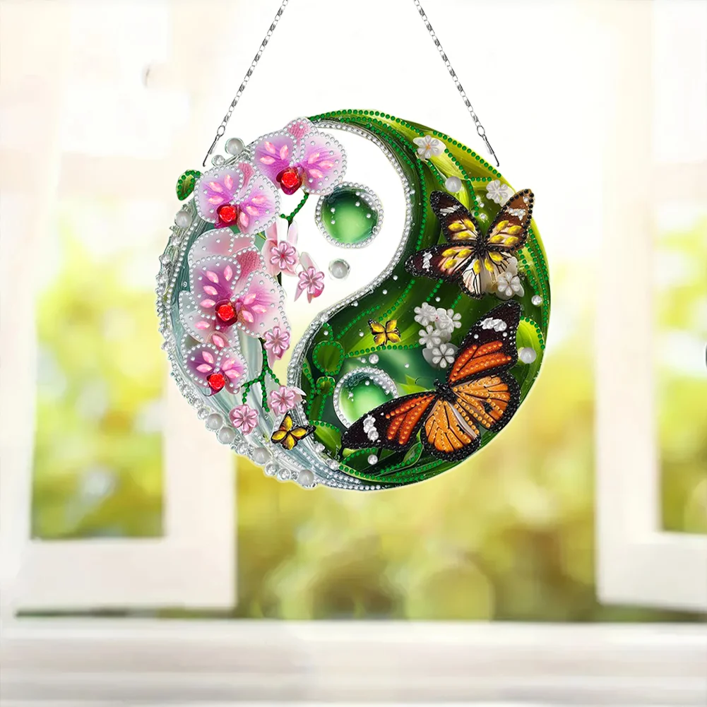 Butterfly Flower Yin Yang 2D Flat DIY Diamond Painting Set Diamond Art Pendant
