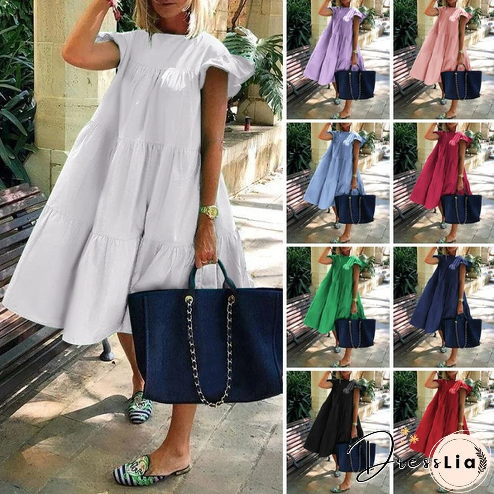 Summer Women Short Sleeves Long Dress Ruffled Pleated Party Casual Baggy Cotton Linen Midi Dresses Plus Size