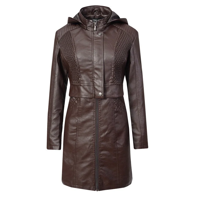 Fashion Leather Coats Women's Spring Autumn Clothing Long Section Slim PU Leather Jacket Brown Black Coffee Leather Jacket Women