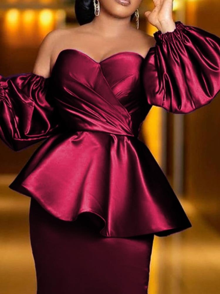 Elegant Strapless Bubble Sleeve Slim Silk Flounce Decorated  Prom Dress
