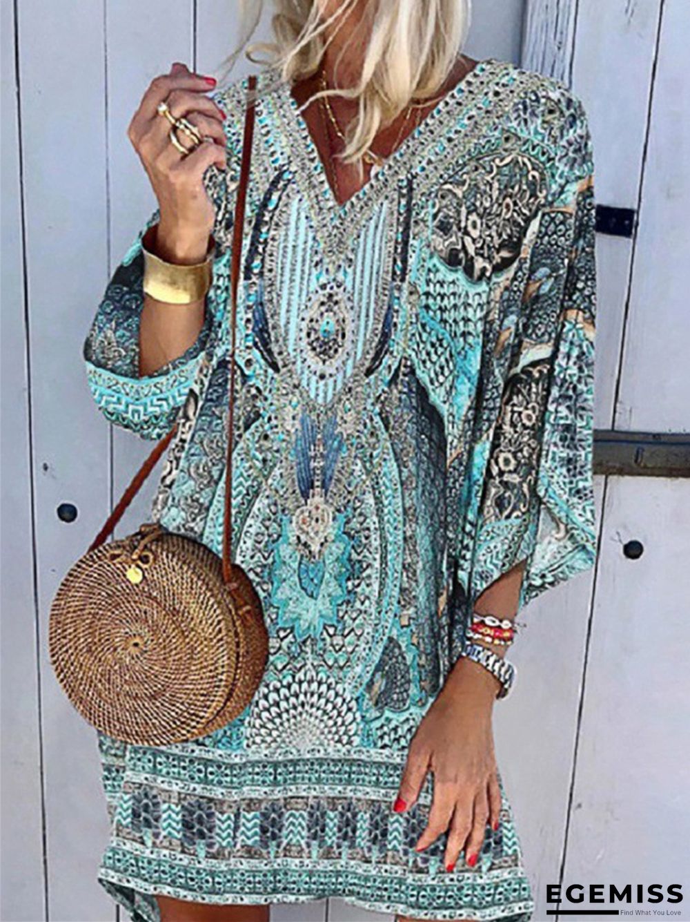 Bohemian V-Neck Long Sleeve Printed Casual Dress | EGEMISS
