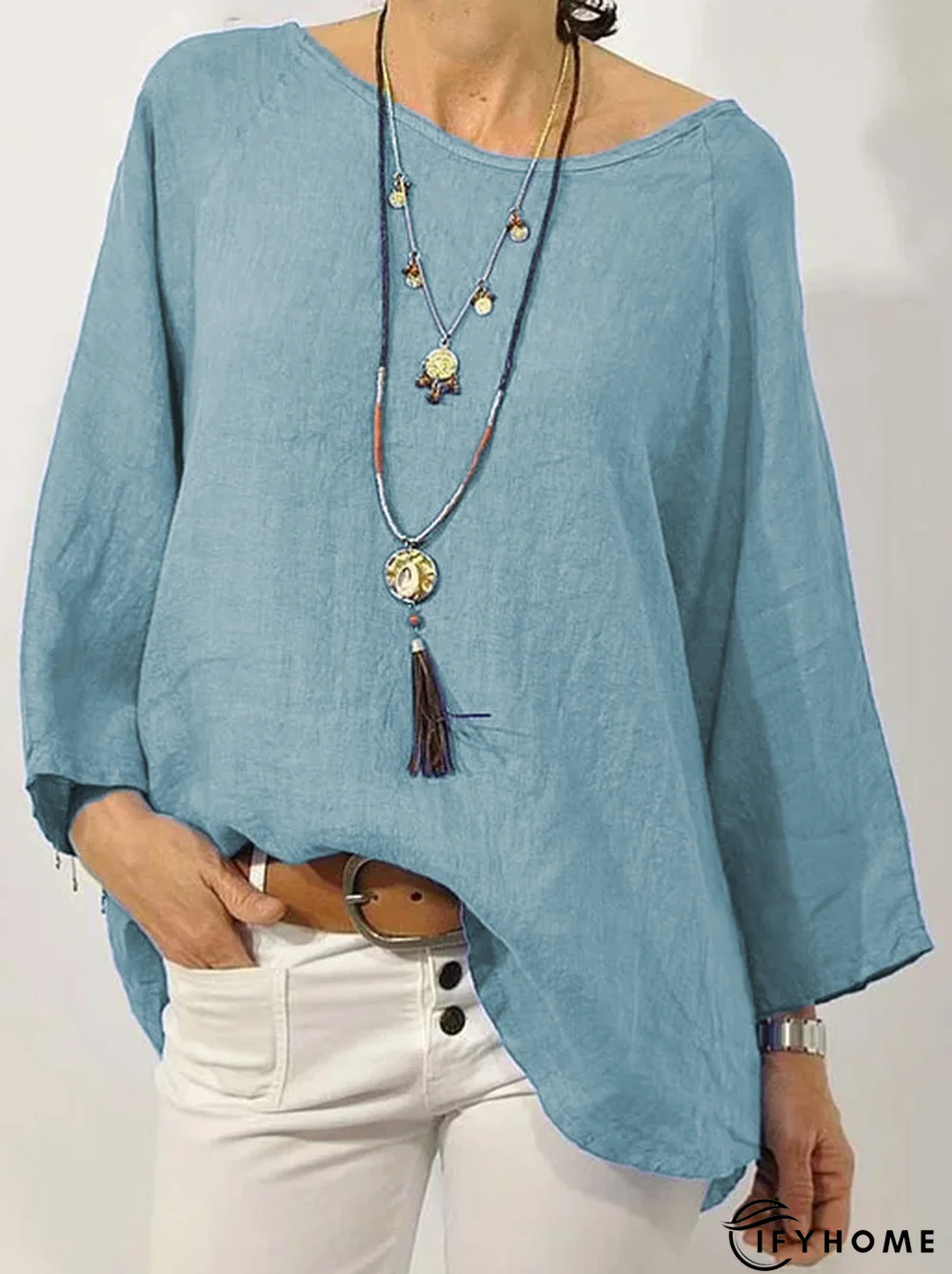 Women Solid Long Sleeve Linen Daily Casual Top | IFYHOME