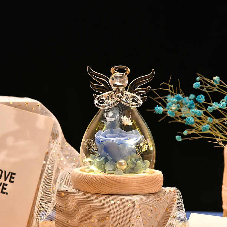 Lovely Angel Wooden Base Glass Cover With Light Eternal Flower