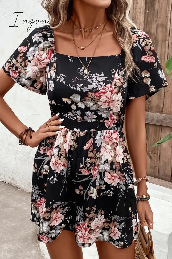 Ingvn - Floral Cutout Tie Back Romper / S