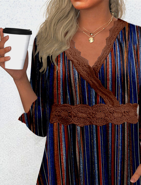Women Half Sleeve V-neck Striped Printed Graphic Lace Tops