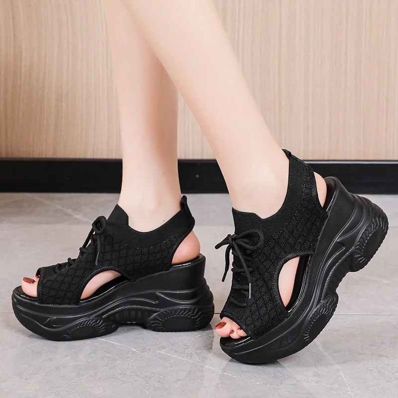 Tanguoant Tanguoant Net Face Wedge Sandals Summer Fish Mouth High Heel Casual Small Large Size Roman Sandals