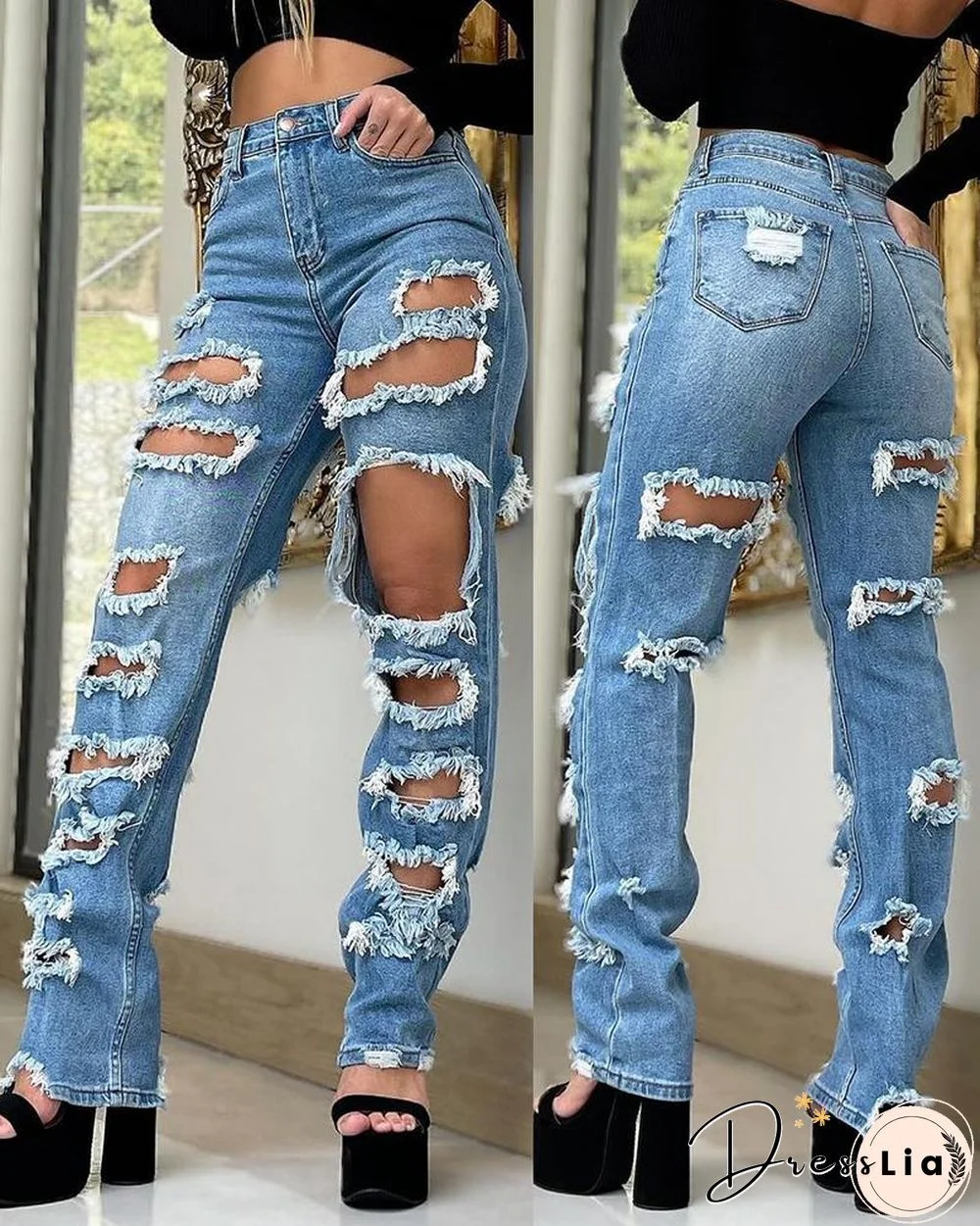 Ripped Cutout Fringe Hem Denim Pants