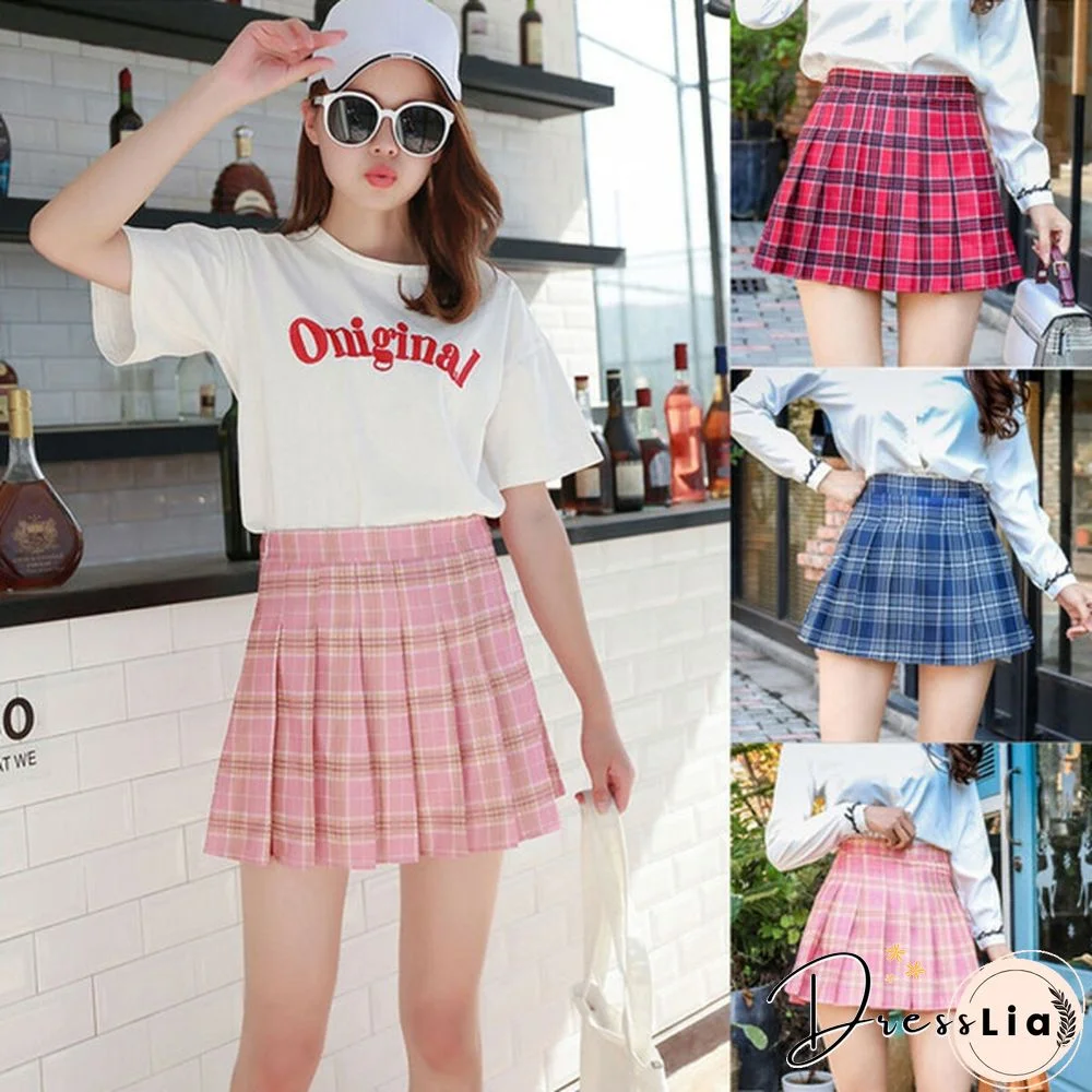Women Girls High Waisted Plain Pleated Skirt Skater Tennis School Uniforms A-Line Mini Skirt Lining Shorts