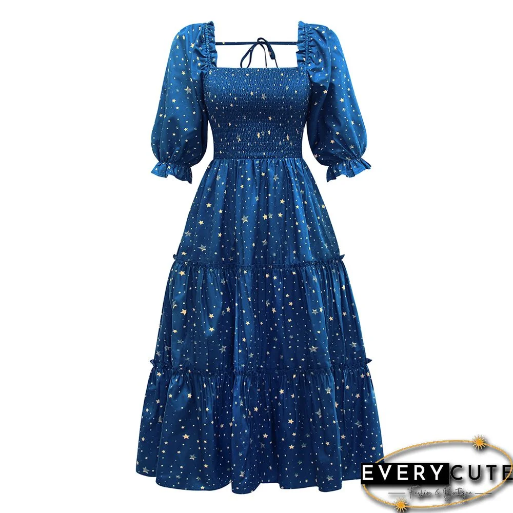 Navy Blue Square Collar Pleated 1/2 Sleeve Floral Dress