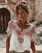 Women's Vintage Floral Embroidered Art Flowy Linen Blend Short Sleeve Casual Tops - Image 5