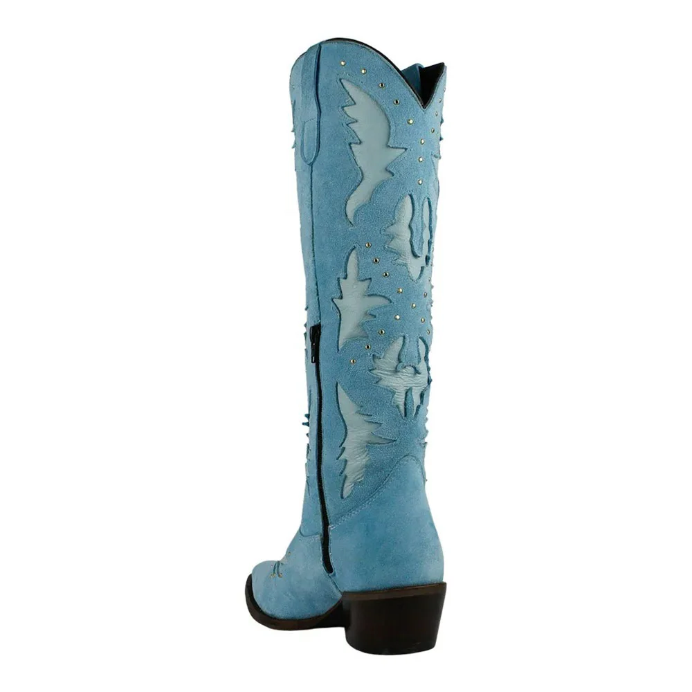 Blue Block Heel Patchwork Studded Knee High Cowgirl Boots for Women