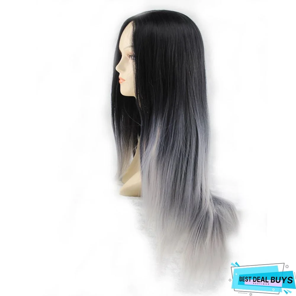 Black-Gray Gradient Medium-Long Hair Wig In Fake Headgear