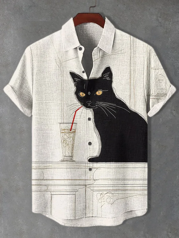 Men's Cat And Cocktail Art Print Casual Shirt