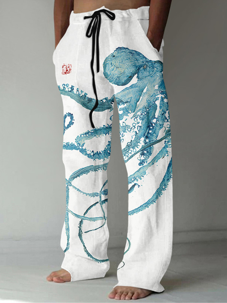 Comstylish Japanese Art Octopus Print Casual Pants