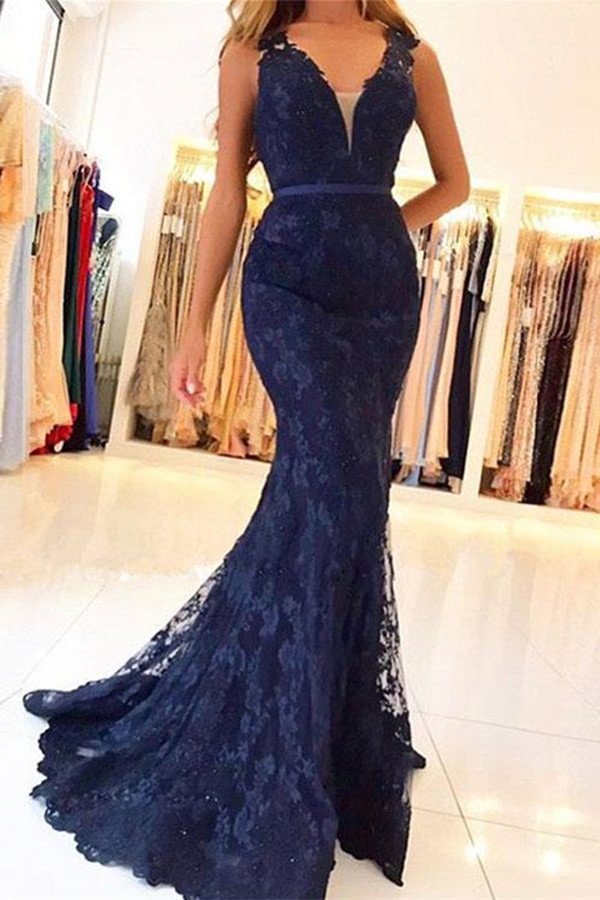 Classic Dark Navy Mermaid Evening Gowns Long With Lace Appliques Zipper Button Back - lulusllly