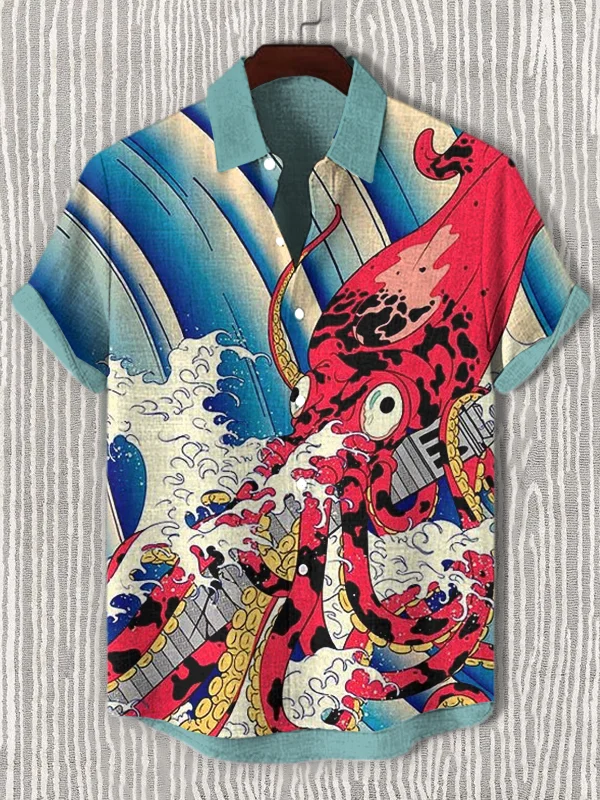 Men's Sea Wave Squid Art Print Short Sleeve Shirt