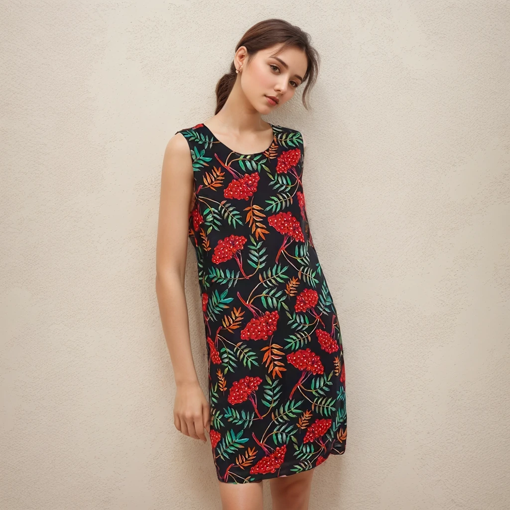 Robe Sans Manches Imprimé Pure Ramie Noir- SOIE PLUS