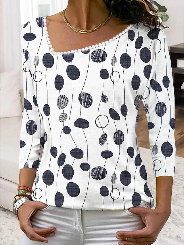 Wearshes Button Geometric Contrast Long Sleeve Print Loose T-Shirt