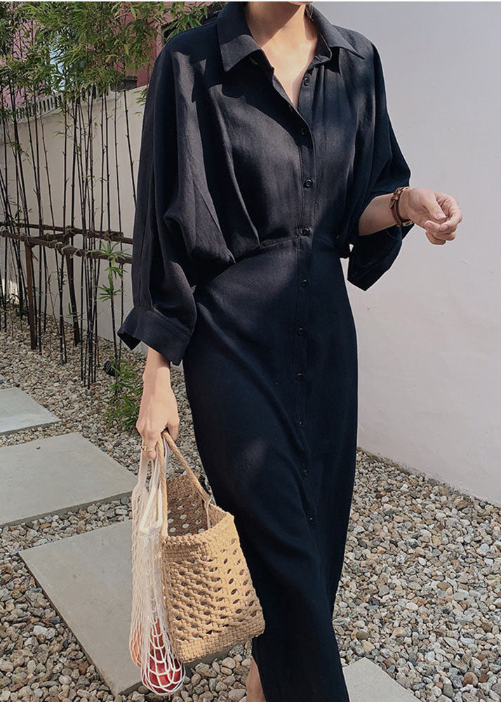 VCSHOES Loose Black Peter Pan Collar Tie Waist Cotton Shirt Dresses Spring