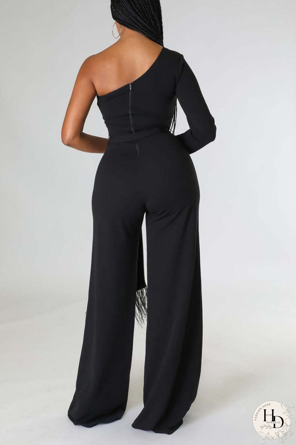Black Casual Solid Bandage Patchwork Feathers Asymmetrical Collar Regular Jumpsuits