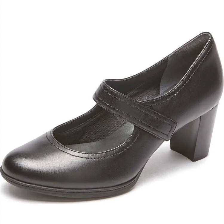 Black Round Toe Vintage Shoes Velcro Strap Block Heel Mary Jane Pumps |FSJ Shoes