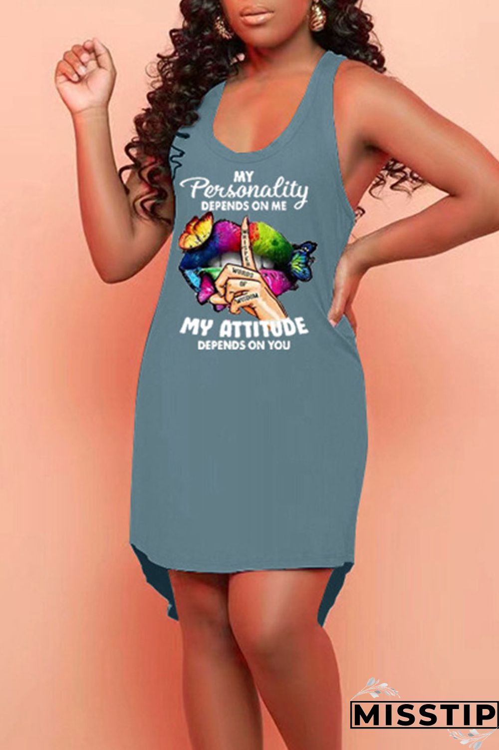 Blue Casual Print Patchwork U Neck Straight Dresses