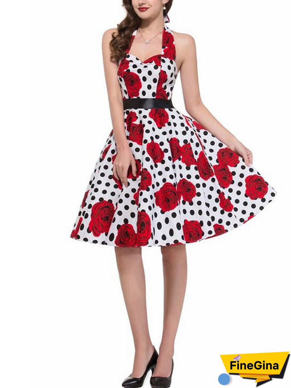 Sexy Halter Party Dress Retro Polka Dot Hepburn Vintage 50s 60s Pin Up Rockabilly Dresses Robe Elegant Midi Dress