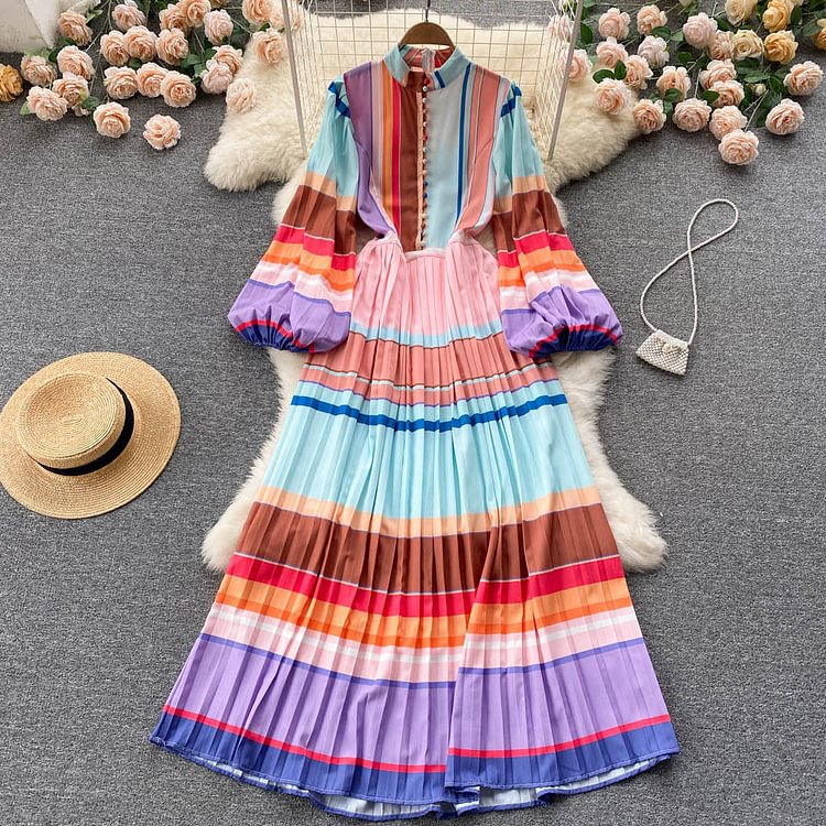 Flaxmaker Fashion  Color Block Striped Printed  Dress