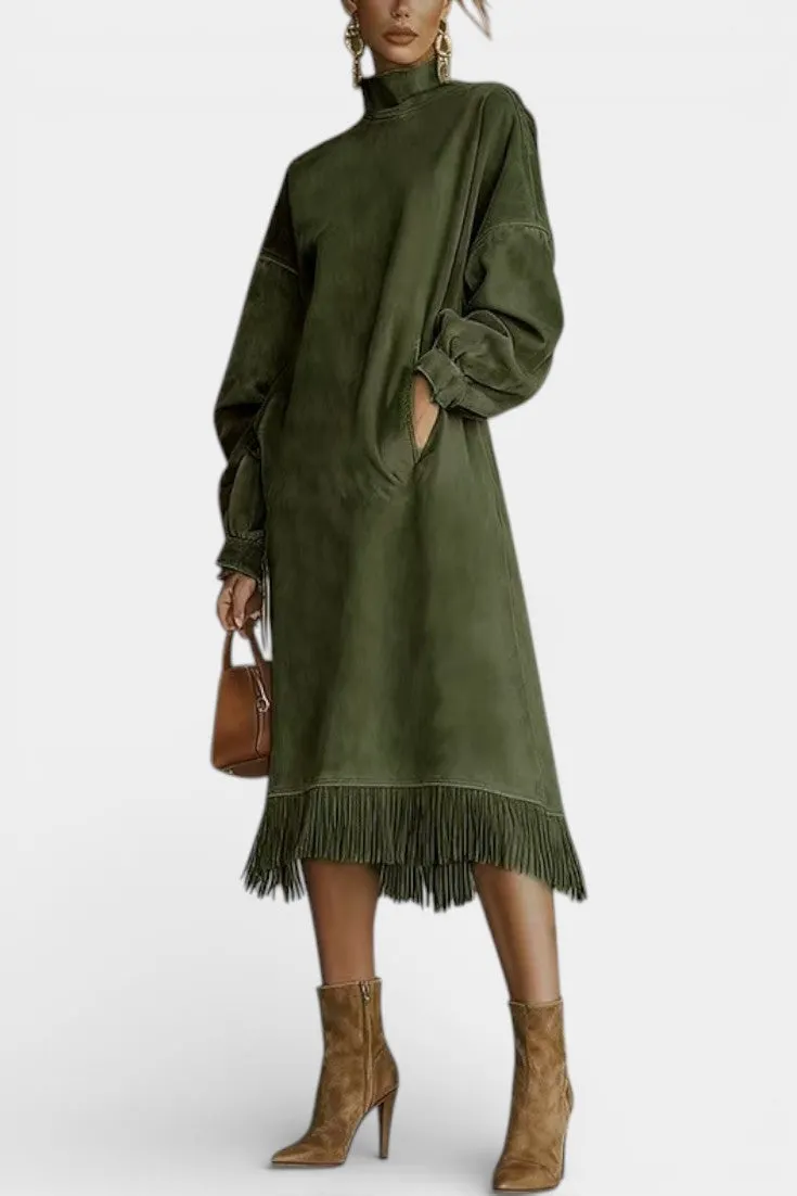 Oversized Fringe Midi Dress with High Neck