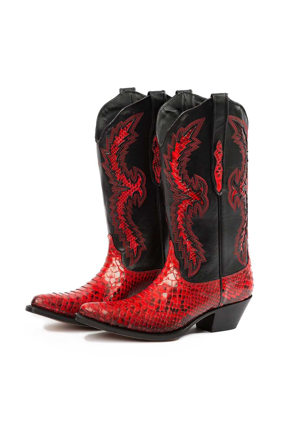 Black & Red Snake Embossed Chunky Heel Mid-Calf Cowgirl Boots