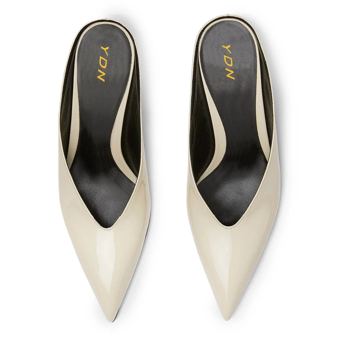 Casual V-Cut Pointed Toe Kitten Heel Ivory Mule Shoes for Women