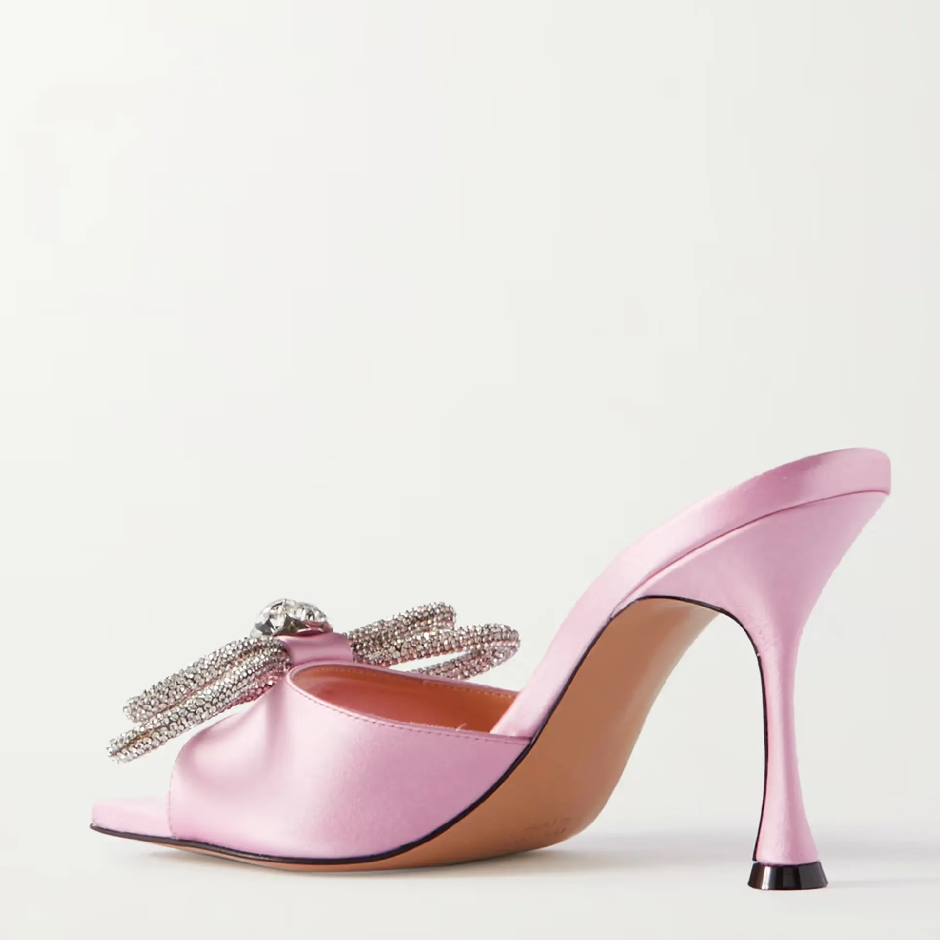 90mm Women's Heeled Sandals Square Open Toe Double Bow Satin Mules Heels Slip on Stilettos