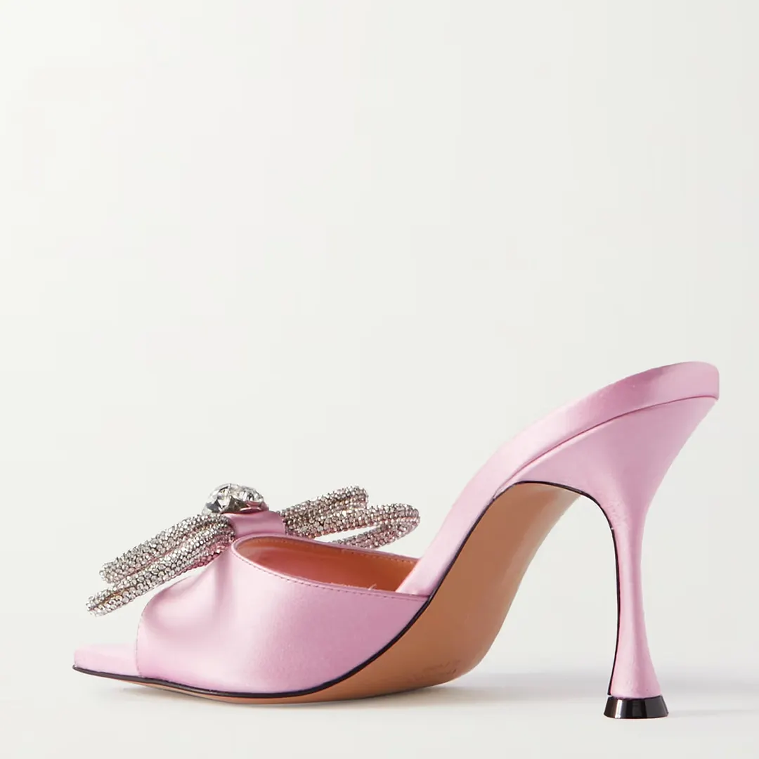 90mm Women's Heeled Sandals Square Open Toe Double Bow Satin Mules Heels Slip on Stilettos