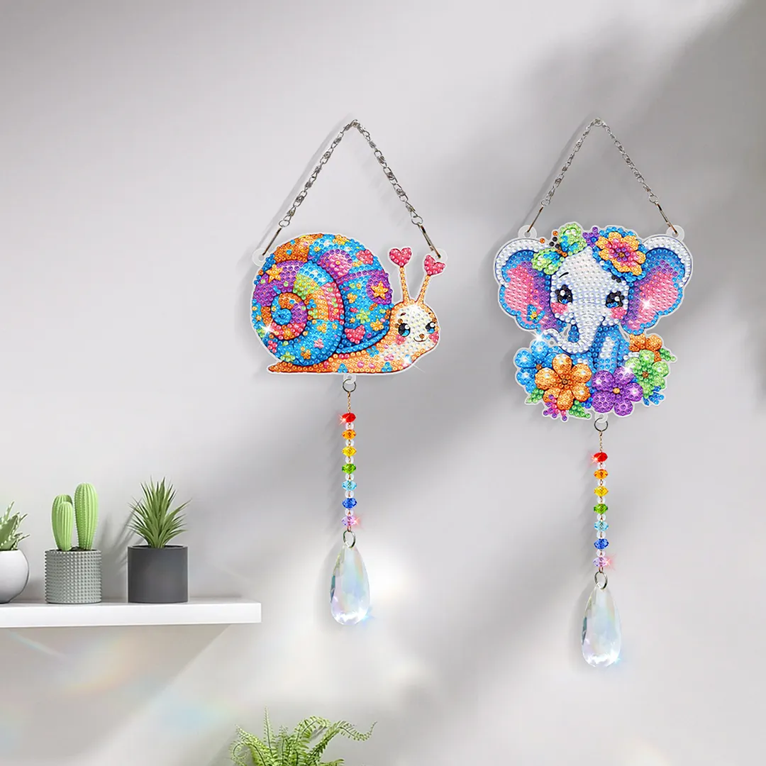 2Pcs Snails and Elephants DIY Double-Sided Diamond Painting Hanging Kits Diamond Painting Suncatcher Craft Kit for Home Garden Wall Decor Gift