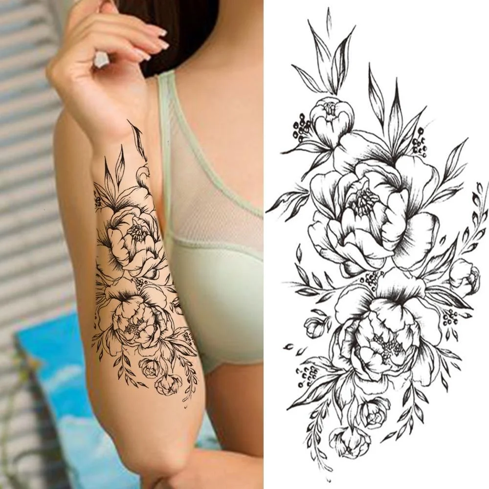 Large Realistic Flower Fake Tattoo Stickers For Woman Female Azalea Snake Flower Temporary Tattoos Body Art Water Transfer Tatoo 1103-1