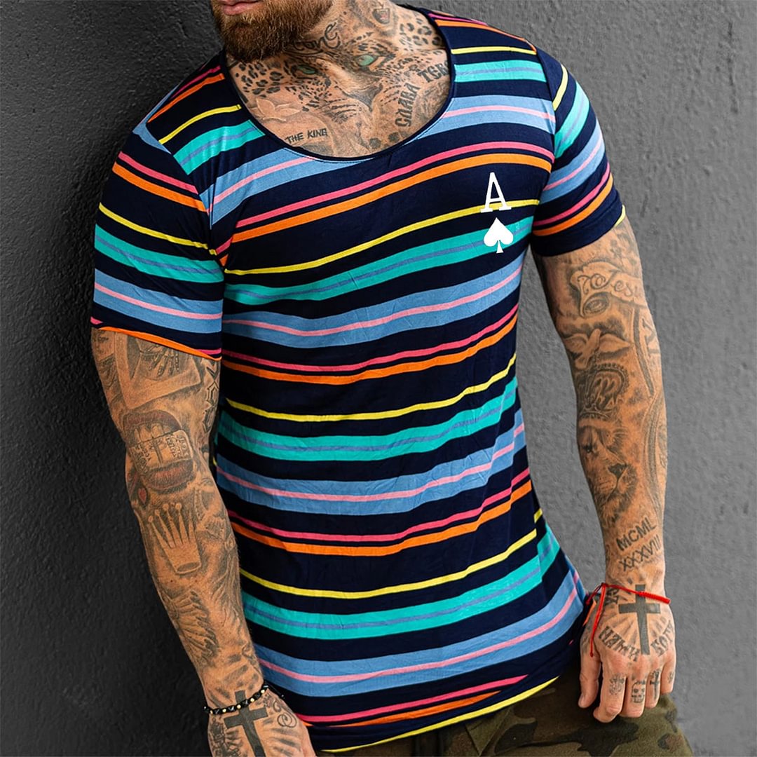 Men's Slim Fit Striped Print T-Shirt、、URBENIE