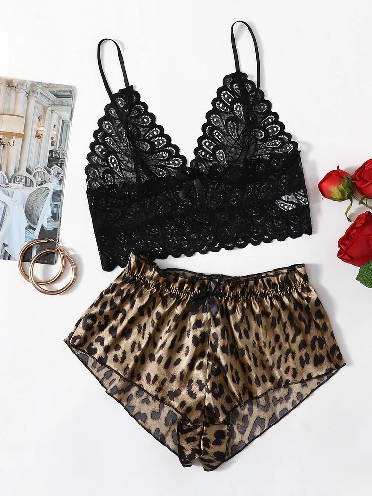 Leopard Satin Floral Lace Lingerie Set