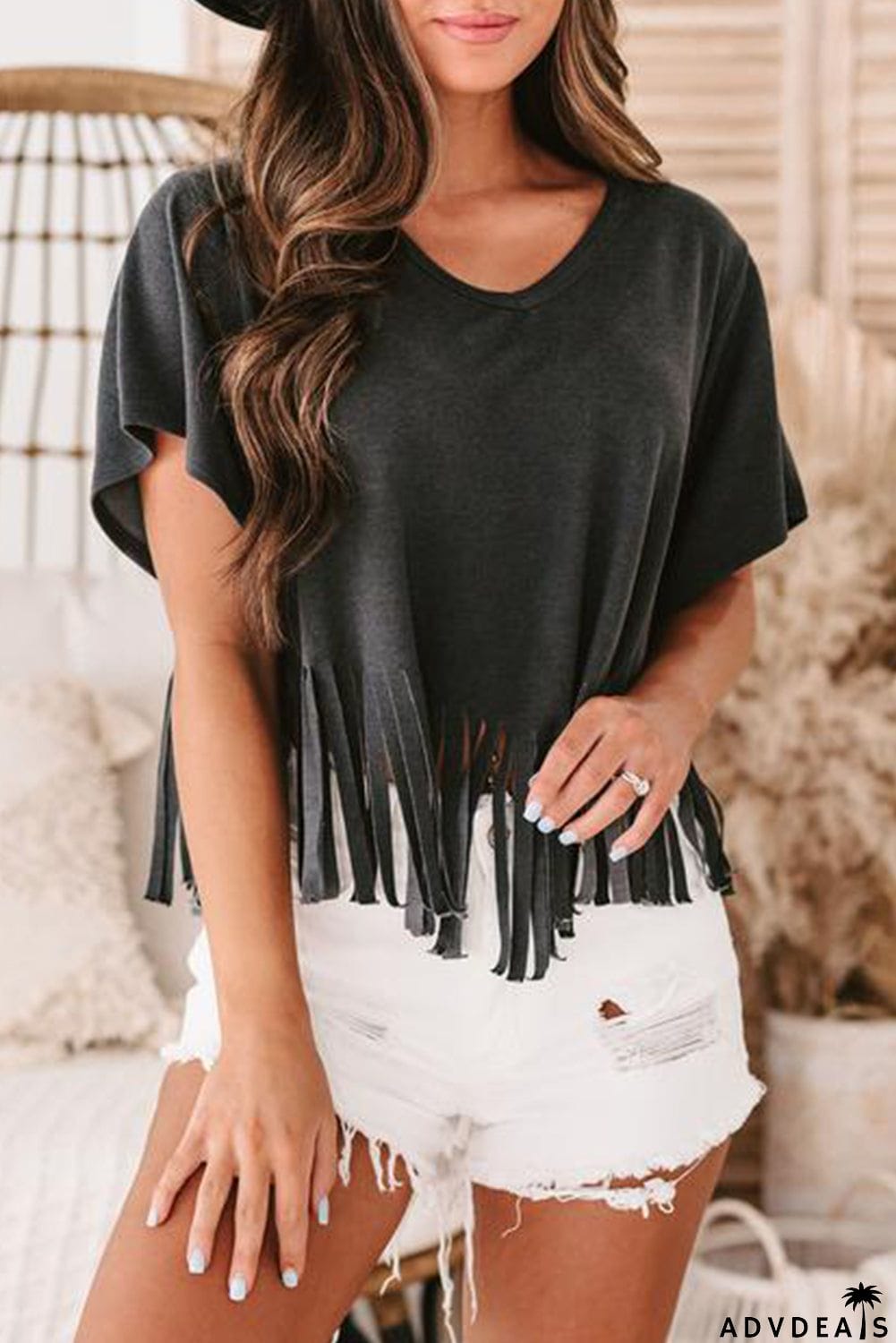 Fringe Hem V Neck T Shirt