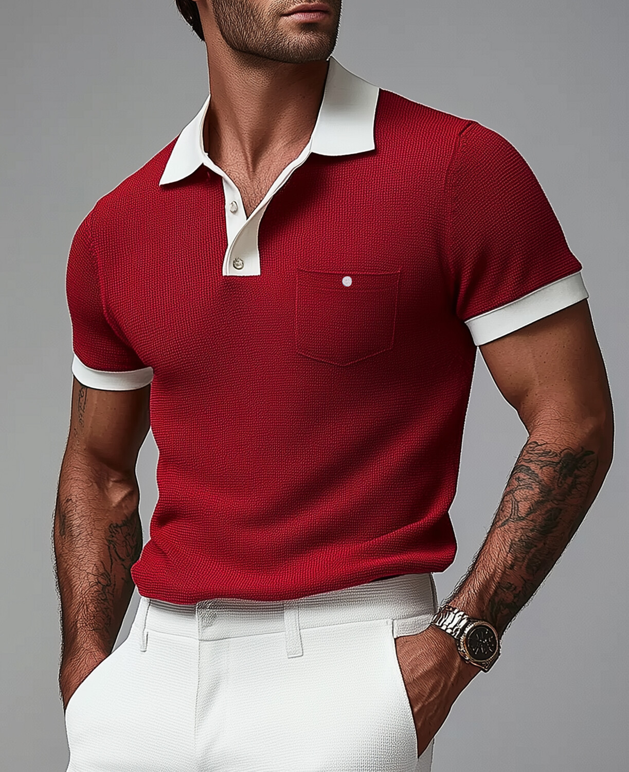 Okaywear Knit Contrast Color Chest Pocket Short Sleeve Polo Shirt