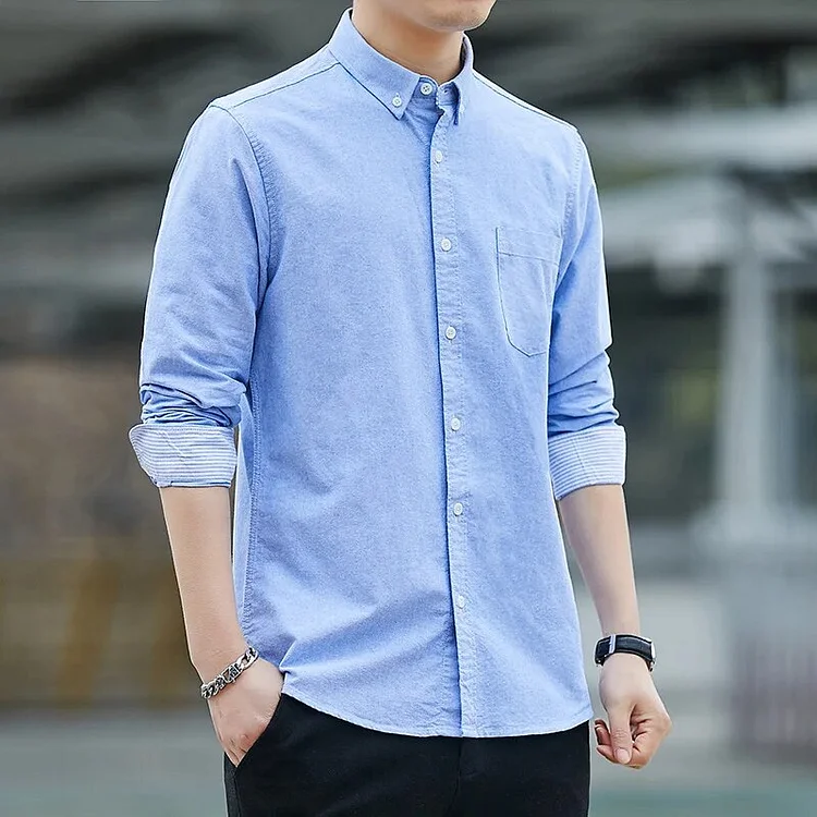 Mingyejia 100% Cotton Long Sleeve Shirt Men Casual Slim Fit Pure Color Oxford Single Pocket Button Plaid Striped Male Social Formal Shirts