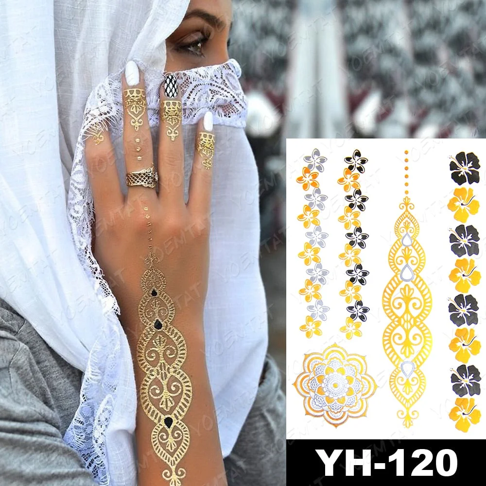 Waterproof Temporary Tattoo Sticker Metallic Gold Silver Mandala Flower Jewelry Flash Tatto Indian Henna Hand Painted Fake Tatoo