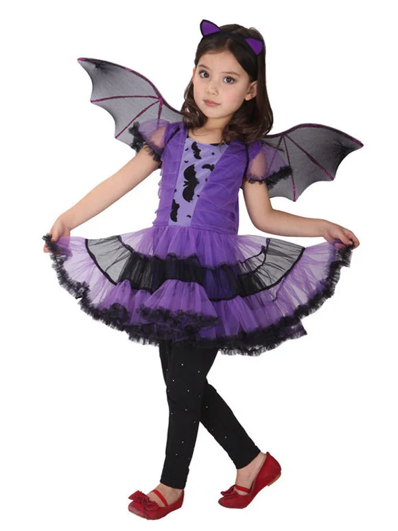 Halloween Bat Costume Girl Purple Dresses 3 Piece Outfit Novameme